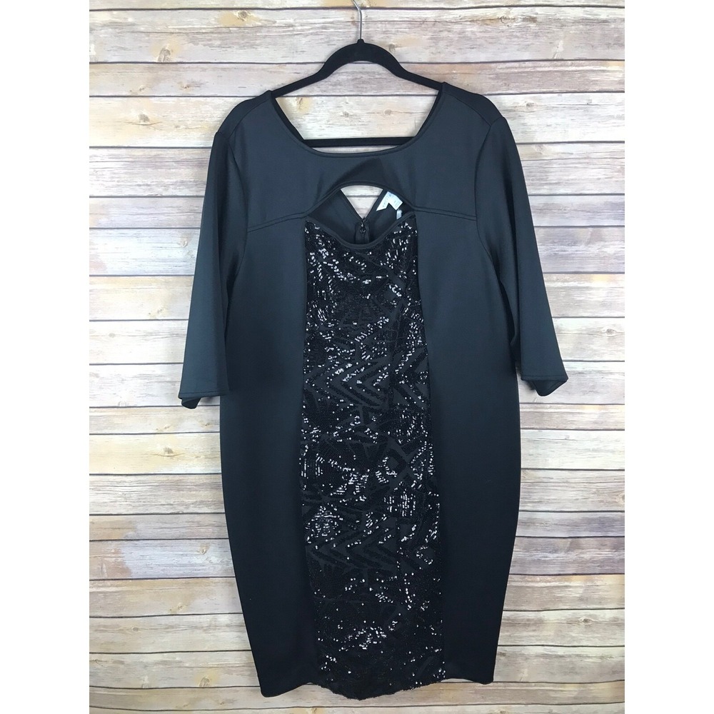 Boutique Dress Womens 2X Black Sheath Scuba Knit Cut‎ Out Neck Sequins Stretch